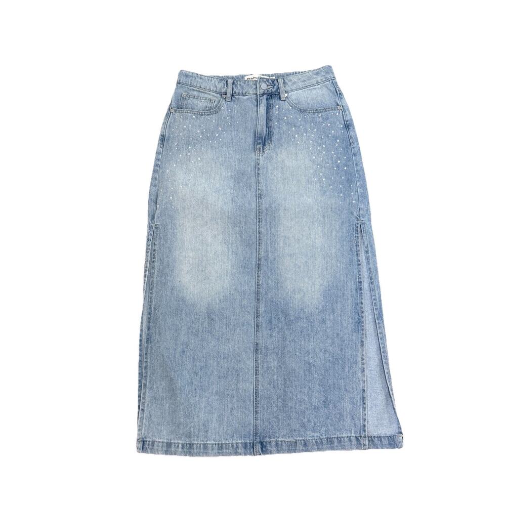 Rebecca Minkoff Rhinestone Embellished Denim Midi Skirt Size 4 100% Cotton Slits
